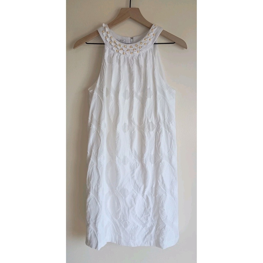 Maggy London White Textured‎ Sheath Dress Embellished Neckline Sleeveless 6